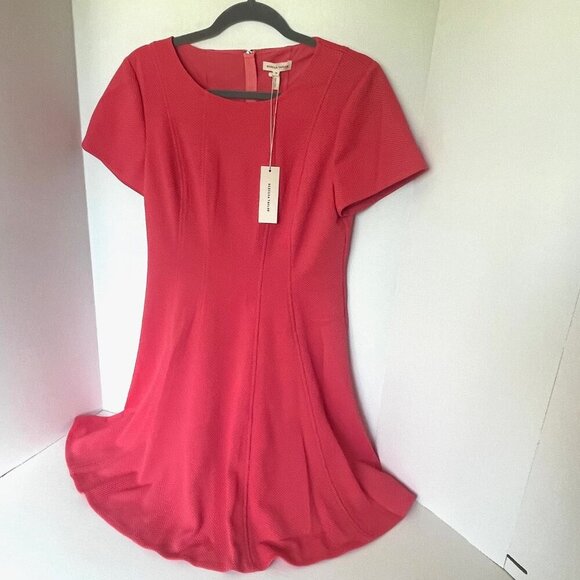 Rebecca Taylor Fit & Flare Dress Womens 12 Pink Short Sleeve Stretch Knit Coral - Picture 3 of 9
